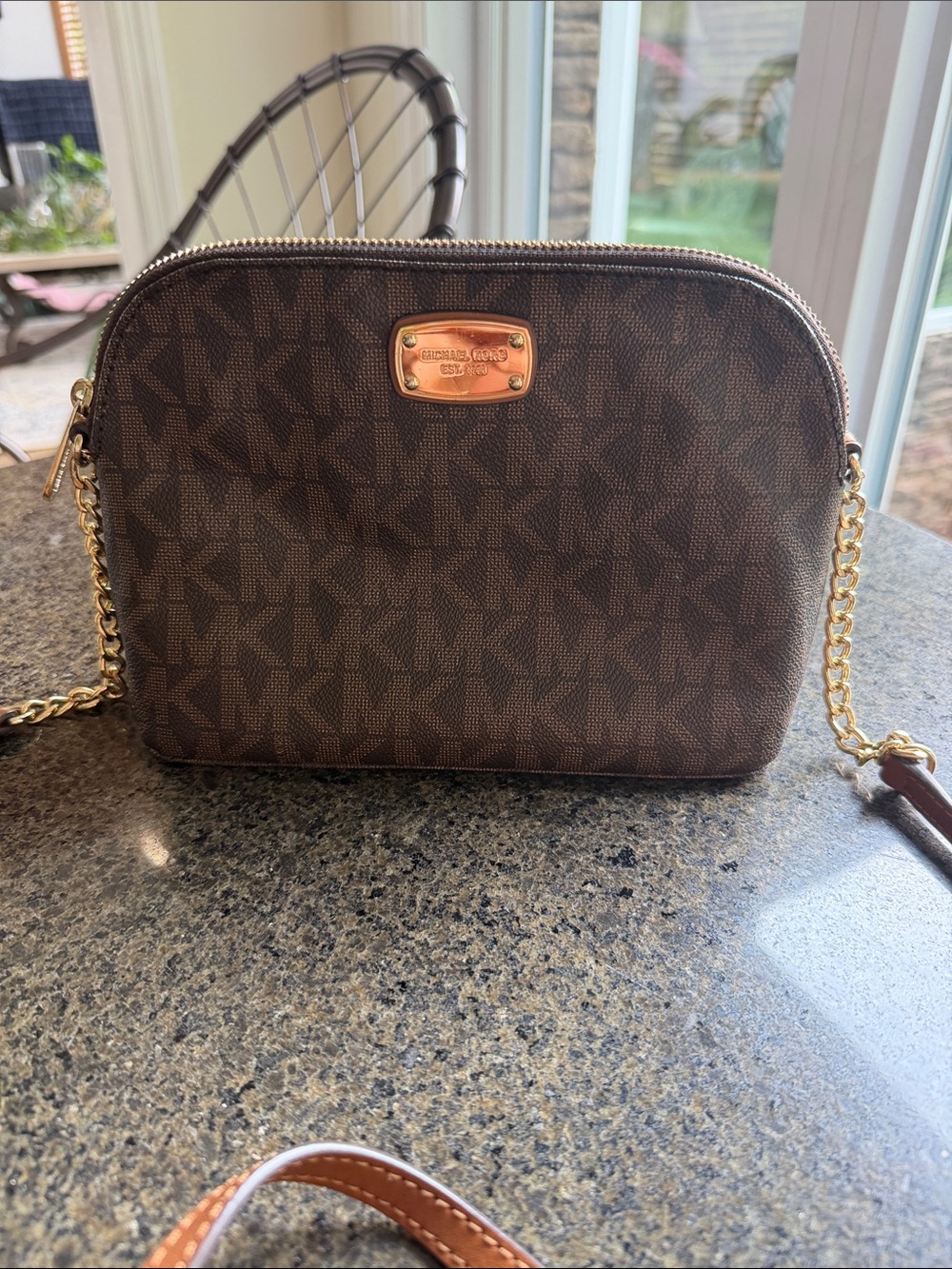 Michael Kors Brown Logo Dome Crossbody with Gold-Tone Plate